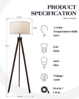 ELYONA Wood Tripod Floor Lamp for Bedroom, 3 Color Temperatures & Linen Shade, Modern Reading Standing Lamp with 9W LED Bulb, Mid Century Night Light for Farmhouse, Living Room, Office, Walnut ELYONA