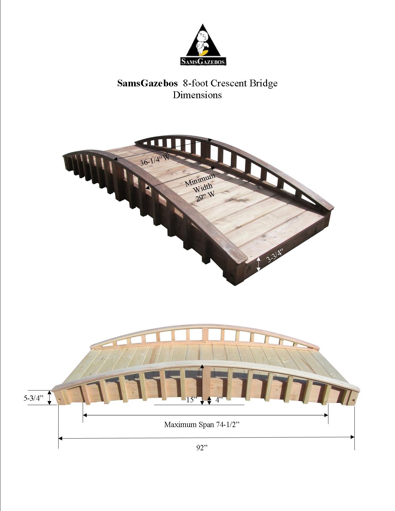 SamsGazebos Crescent Japanese Style Wood Garden Bridge, 8', Brown (MB-CR-T-8) - WoodArtSupply