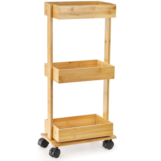 TOPZEA Slim Storage Cart, 3-Tier Bamboo Rolling Utility Cart Standing Rack on Wheel, Mobile Shelving Unit Organizer Serving Trolley Slide Out Cart for Office Bathroom Kitchen Laundry Room(Upg - WoodArtSupply