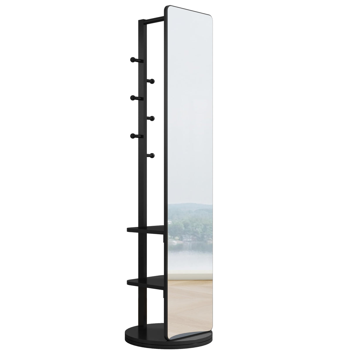 KEIKI Full Length Mirror with Cloak Rack, 68.8"x19.6" Rotatable Full Body Mirror Solid Wood Floor Mirror for Bedroom, Living Room, Dressing Room (Black) KEIKI