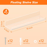 4 Pack Floating Shelves for Wall, 15" Clear Book Shelf, Acrylic Floating Wall Shelf, Display Shelves Organizer for Bathroom, Classroom, Bedroom, Living Room, Kitchen, Room Decor Dooiclear
