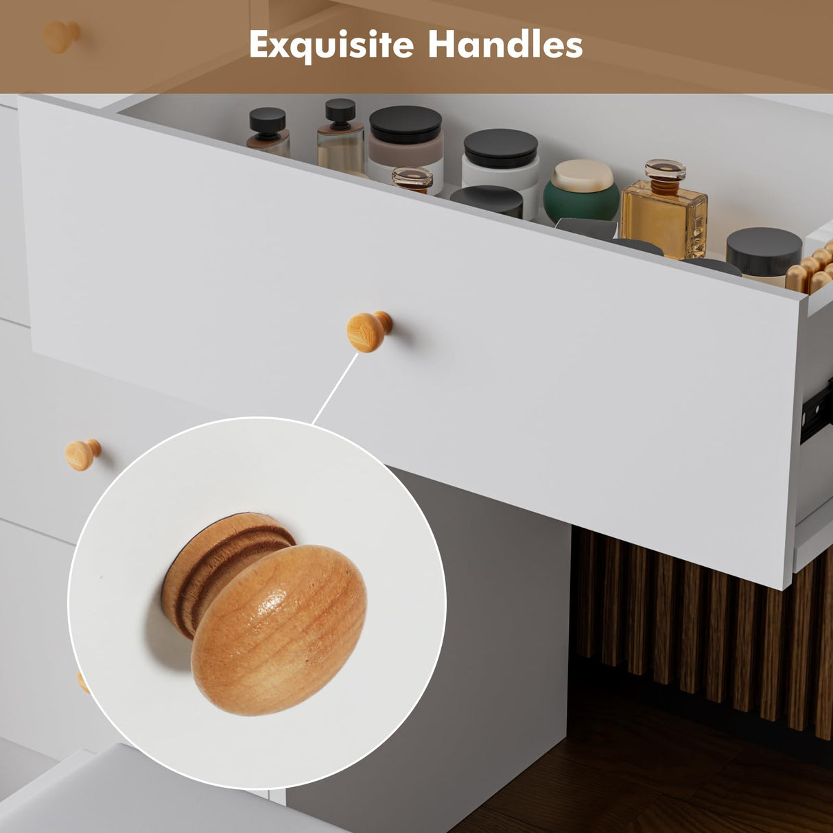 ADOFFUR Vanity Desk with Round Mirror and Lights, Small Makeup Vanity Table Set with Chair & 5 Drawers & Storage Shelves, 3 Lighting Modes Adjustable Brightness Dressing Table for Bedroom, White ADOFFUR