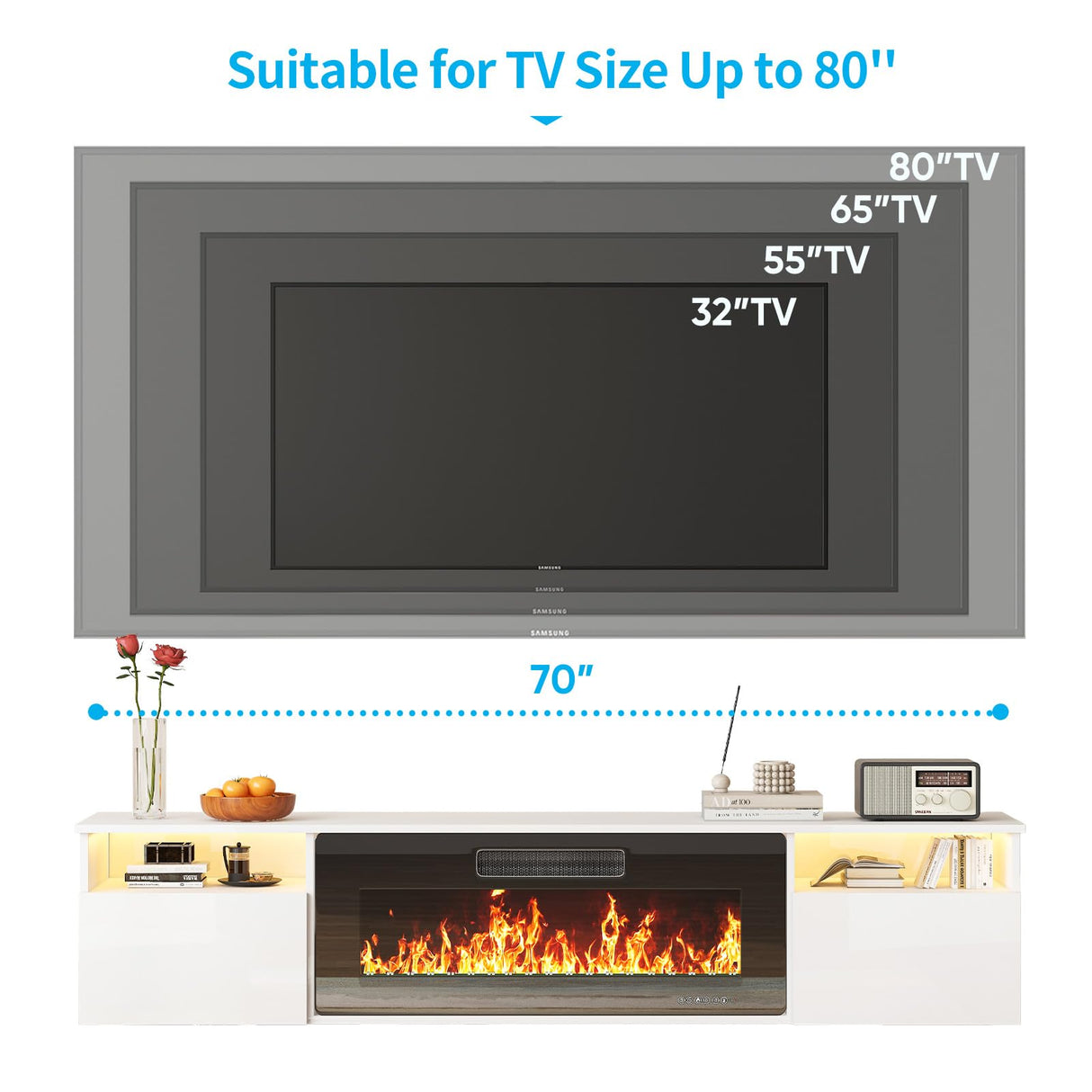 TABU 70" Floating TV Stand with 36" Electric Fireplace Heater, Modern Entertainment Center with High Gloss Finish & LED Ambient Light, for TVs Up to 80", Wall Mounted, White TABU