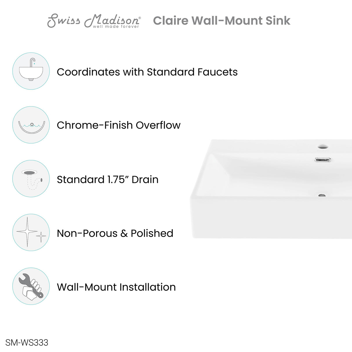 Claire 30” Rectangle Wall-Mount Bathroom Sink Swiss Madison