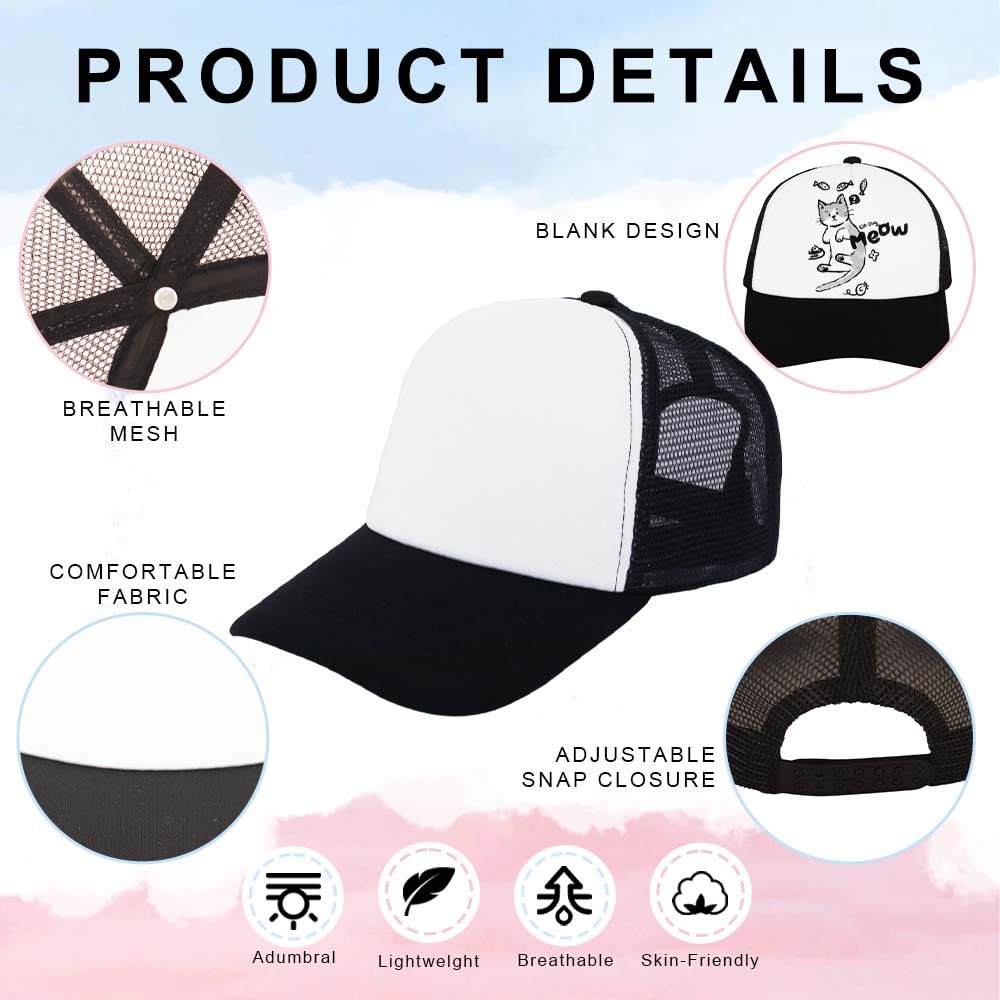 ZH 12 Pcs Sublimation Trucker Hats Blank Mesh Baseball Cap Polyester Bulk Mesh Trucker Hat for Men and Women Black