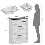 Farmhouse 6 Drawer Dresser, White Wood Chest of Drawers, 44" Tall Bedroom Storage Cabinet with Brushed Metal Handles, Closet Organizer for Bedroom, Living Room, Hallway Harpaq