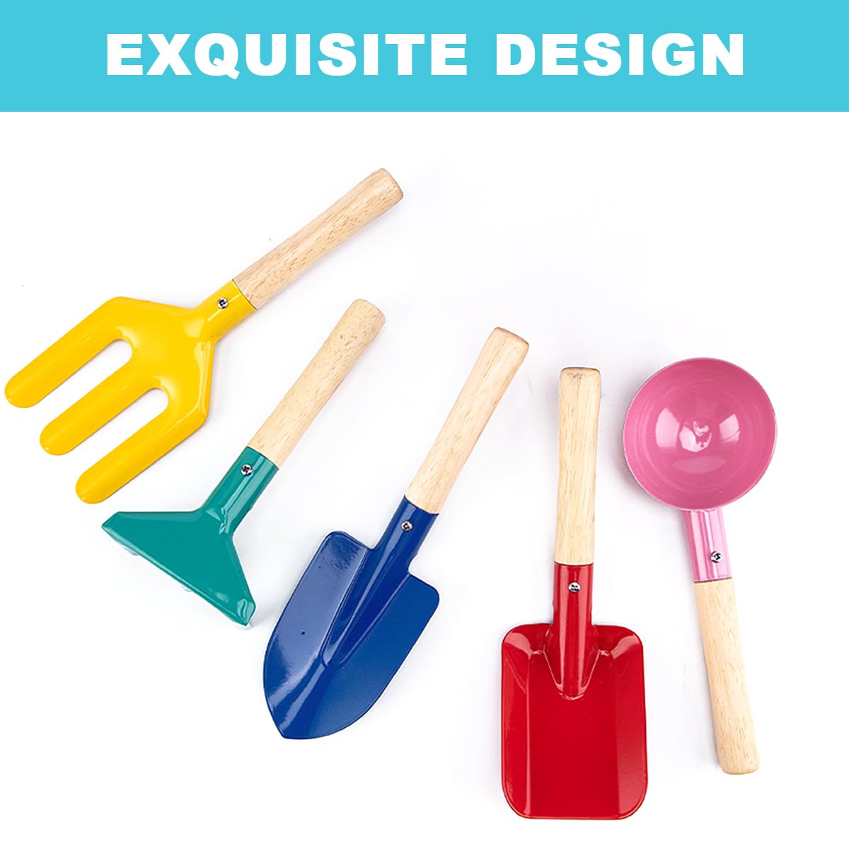 WEILAIDI Beach Toys,5 Pcs Children Beach Sand Toys,8'' Kids Gardening Set Metal Garden Tools with Sturdy Wooden Handle,Safe Kids Shovel with Spoon, Fork, Rake, Flat Shovel & Pointed Shovel for Kids WEILAIDI