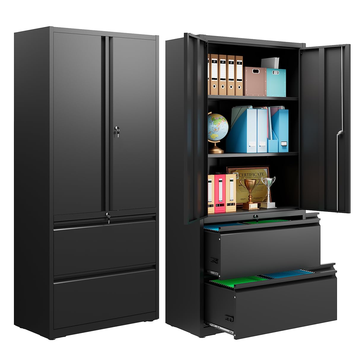 DEVAISE File Cabinet with 2 Drawers and Doors, Locking Metal Storage Cabinet with Adjustable Shelves for Home Office, Warehouse, Garage, School (Black) DEVAISE