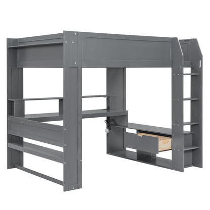 HZXINKEDZSW Full Size Wood Gaming Loft Bed with Desk, Storage Shelves, LED Lights, and Charging Station in Grey - WoodArtSupply