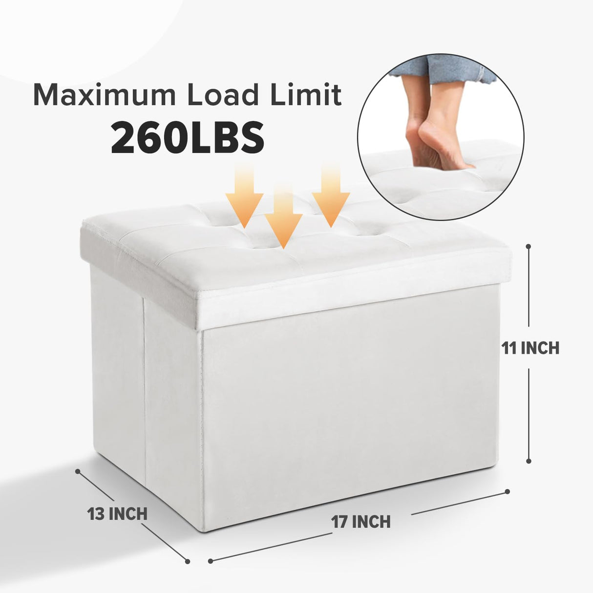 LINMAGCO Storage Ottoman Folding Foot Stool Velvet Ottoman Foot Rest with Padded Modern Ottoman with Storage for Living Room Puppy Step Stool 17x13x11in(White) LINMAGCO