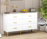 Boonatu White Dresser for Bedroom with 6 Drawers, White Dresser, Wood Dressers Chest of Drawers with Gold Handles, Modern LED Bedroom Dresser with Drawers for Closet Hallway, Living Room, White Boonatu