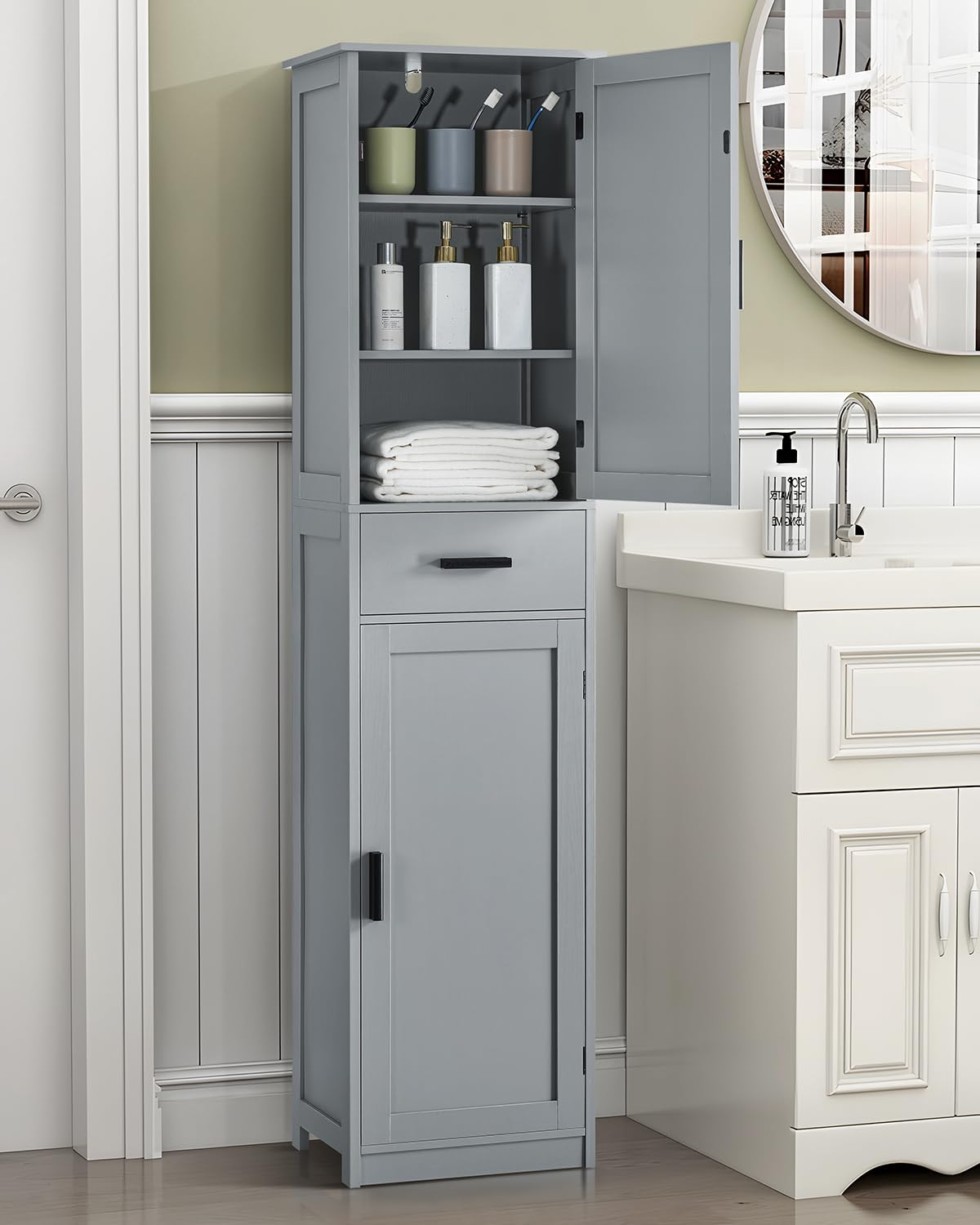 usikey 67“ Tall Bathroom Cabinet, Storage Cabinet with 4 Shelves & 2 Doors, Narrow Storage Cabinet for Bathroom, Living Room, Home Office, Grey usikey