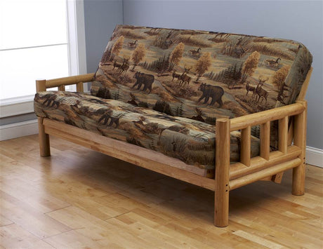 Futon Frame and Full Size Mattress Set. This Rustic Log Frame Sofa Set Easily Converts to Full-size Bed. Nice. The Wildlife Upholstery Is Great in Hunting Cabin, Cottage or Log Home. 8 Thick Sleeper P Aspen Lodge