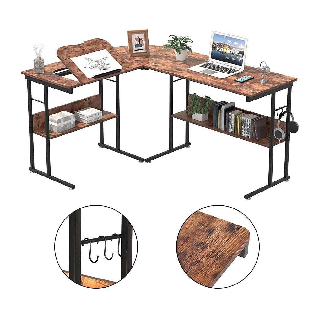 Knowlife Computer Desk L Shaped Desk 58 inch with Round Corner and Hooks Tiltable Desk for Small Space Brown - WoodArtSupply