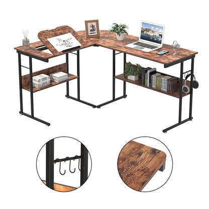 Knowlife Computer Desk L Shaped Desk 58 inch with Round Corner and Hooks Tiltable Desk for Small Space Brown - WoodArtSupply