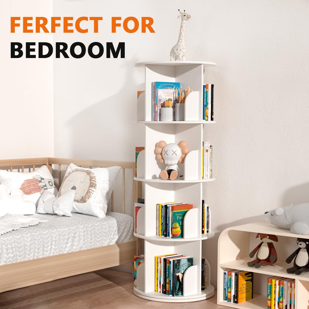 Nidouillet Rotating Bookshelf, 4 Tier Spinning Bookcase Tower Lazy Susan, Revolving 360 Book Shelf Storage Round Organizer, Vertical Rotate Turning Corner Book Case for Small Space, White Nidouillet