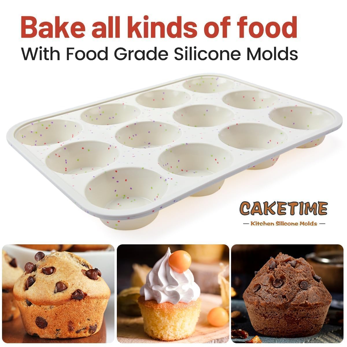 CAKETIME Silicone Muffin Pan, Metal Reinforced Frame Cupcake Pan 12 Cups Regular Size Easy to Move in or Out of Oven Non-Stick (2) CAKETIME