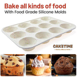CAKETIME Silicone Muffin Pan, Metal Reinforced Frame Cupcake Pan 12 Cups Regular Size Easy to Move in or Out of Oven Non-Stick (2) CAKETIME