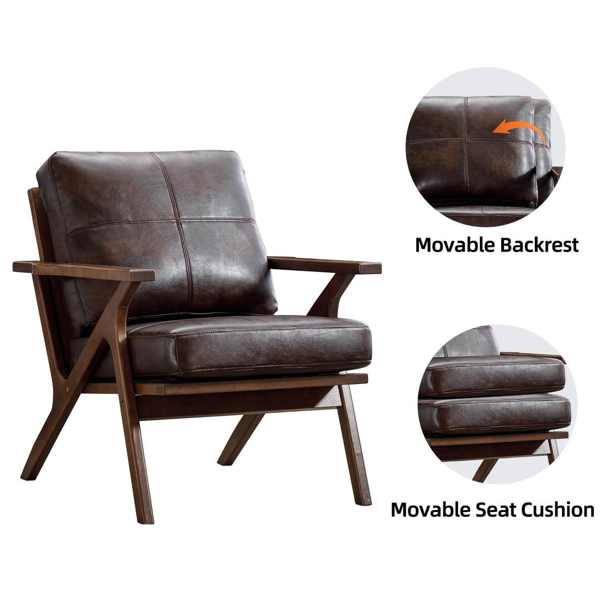 INZOY Mid-Century Modern Accent Chair with Wood Frame, PU Leather Living Room Chair and Soft Thick Padded Armchair for Living Room Bedroom Reception with Removable Upholstered Cushions, Brown INZOY