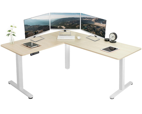 VIVO Electric Height Adjustable 63 x 55 inch Corner Stand Up Desk, Light Wood Table Top, White Frame, L-Shaped Standing Workstation, 3CT Series, DESK-E3CTC VIVO