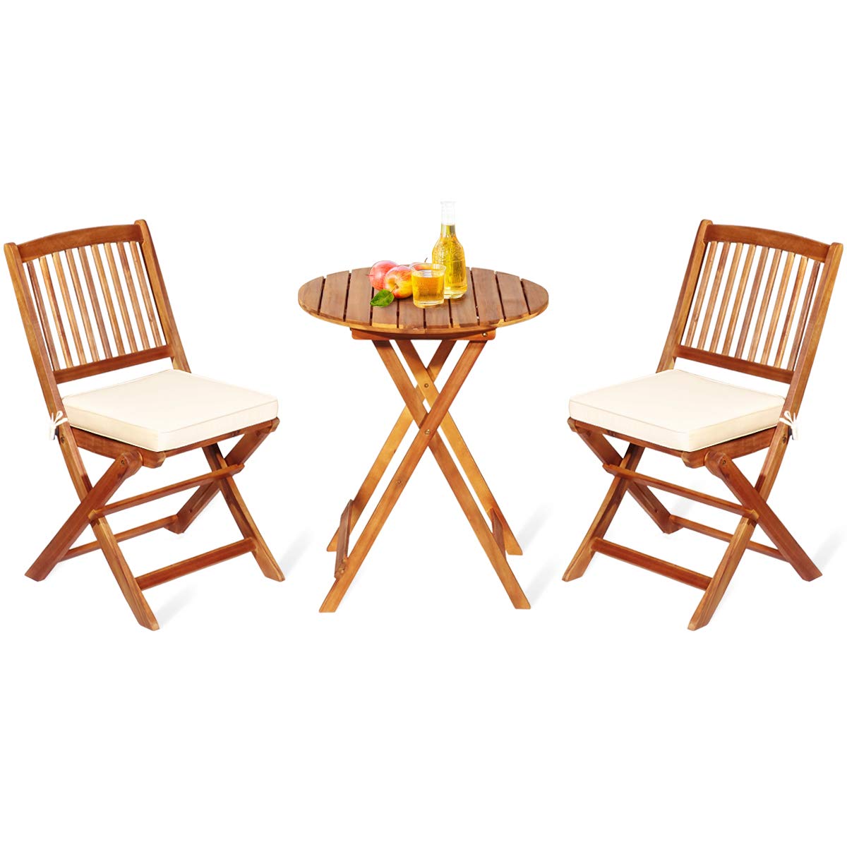 Giantex 3Pcs Patio Bistro Set, Wood Folding Table Set, 2 Cushioned Chairs for Garden Yard, Outdoor Furniture Round Table (Natural & Beige) Giantex