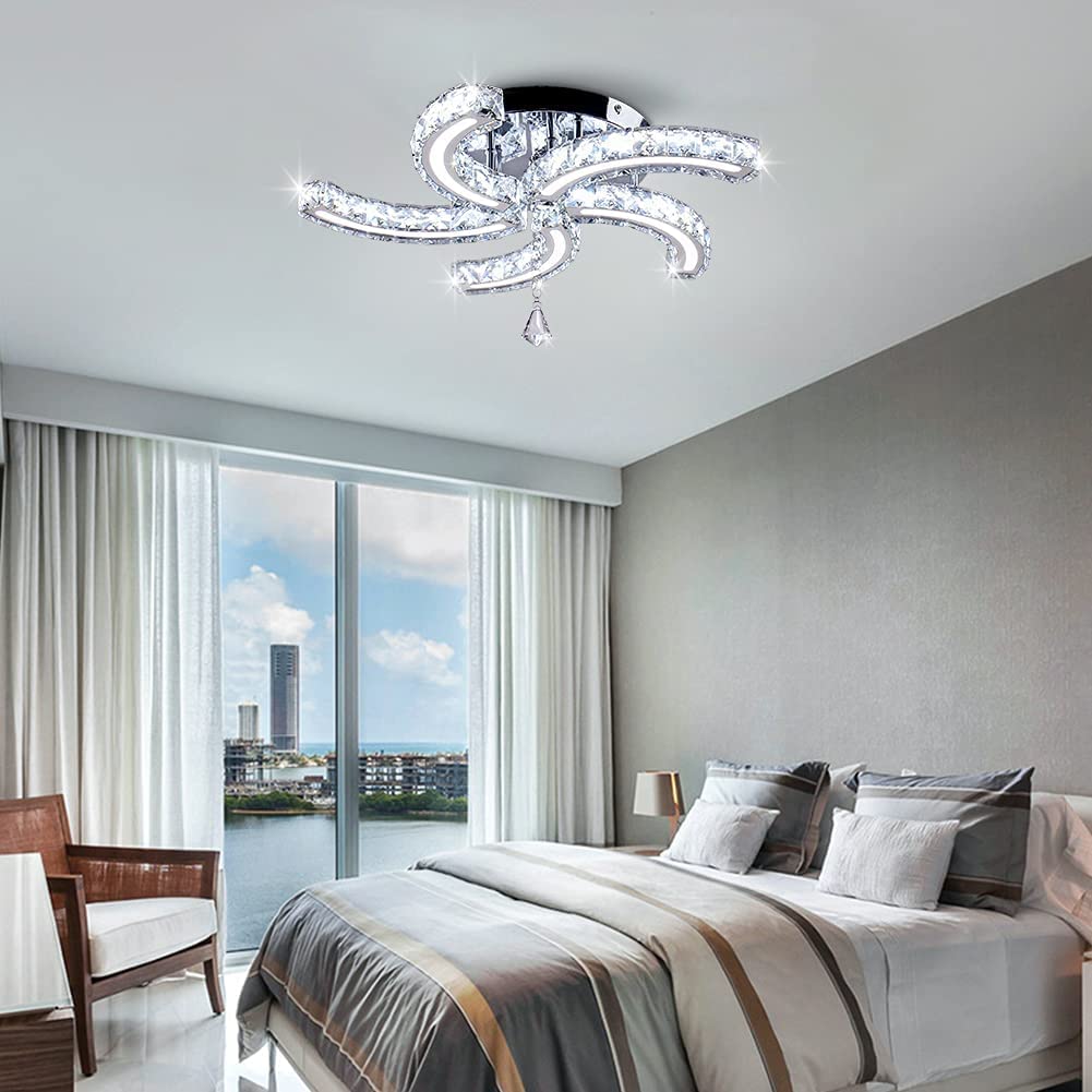 Cainjiazh Modern Crystal Chandeliers Acrylic Crystal Led Ceiling Light Fixtures Arm Pendant Lighting Stainless Steel Ceiling Lamp Hanging Lights for Living Room Dining Room Bedroom (Cold White) Cainjiazh