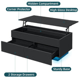 HOMMPA Lift Top Coffee Table with Hidden Storage LED Coffee Table Morden High Gloss Black Living Room 3 Tiers Modern Tea Table with Storage Center Tables Hidden Compartment & 2 Drawers HOMMPA