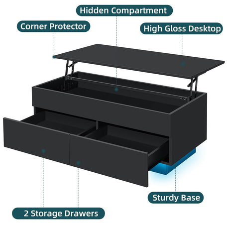 LED Coffee Table with Lift Top Morden Coffee Table with Storage High Gloss Black Sofa Table for Living Room Center Tables Hidden Compartment & 2 Drawers HOMMPA