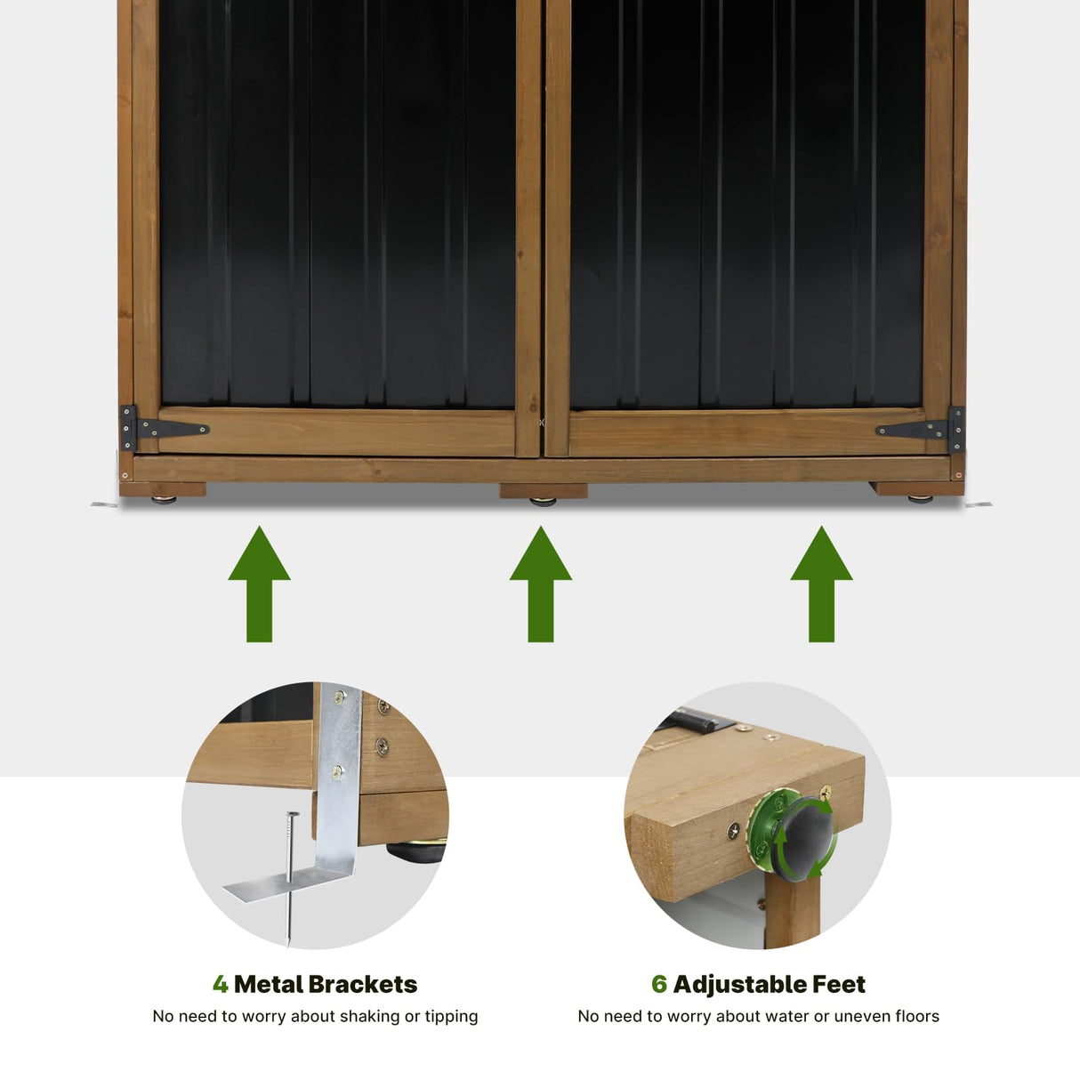 Outdoor Storage Cabinet Wood & Metal with Waterproof Roof, Garden Tool Shed with 4 adjustable reinforced feet with metal brackets, 3 Removable Shelves, 6 T-Hinge, Magnetic door,18.1"D x 49"W x 68.5"H Gowoodhut