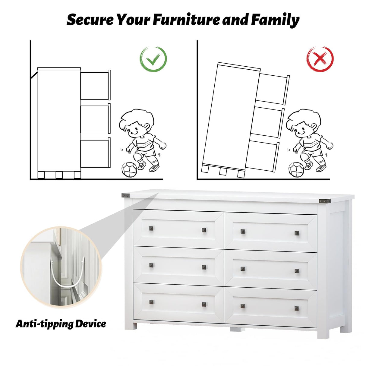 Wodeer White 6 Drawers Dresser for Bedroom,Wood Farmhouse Storage Chest of Drawers, Dresser with Metal Handles,Dressers Organizer for Bedroom, Living Room,Nursery,Hallway,White Wodeer