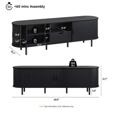 ONBRILL 69" TV Stand with Power Outlet for TVs up to 80", Entertainment Center with Storage and Drawer, TV Console with Adjustable Shelves and Sliding Door, TV Stand for Living Room, Bedroom, Black ONBRILL