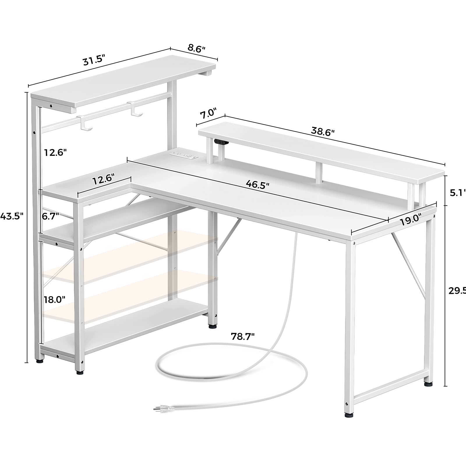 Seventable Gaming Desk with Power Outlet and LED Light, Reversible Small Desk with Monitor Stand and 4 Tiers Shelves, 47" L Shaped Desk with Hooks, Computer Desk for Living Room and Bedroom,  - WoodArtSupply