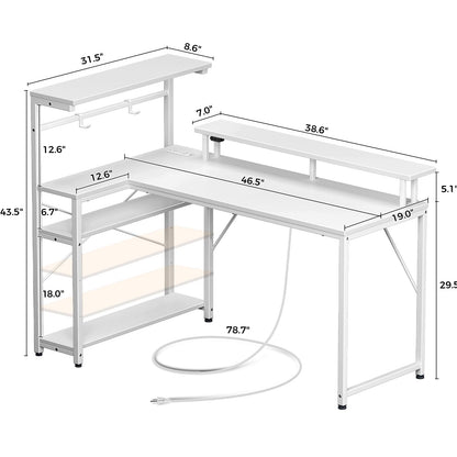 Seventable Gaming Desk with Power Outlet and LED Light, Reversible Small Desk with Monitor Stand and 4 Tiers Shelves, 47" L Shaped Desk with Hooks, Computer Desk for Living Room and Bedroom,  - WoodArtSupply