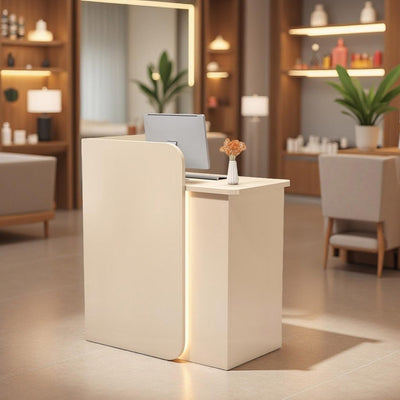 HEOTJUUQ Reception Desk with LED Light Strip, Compact Reception Counter, Front Counter with Lockable Drawer, 6 Color Options, Retail Checkout Counter for Salon, Office, Boutique