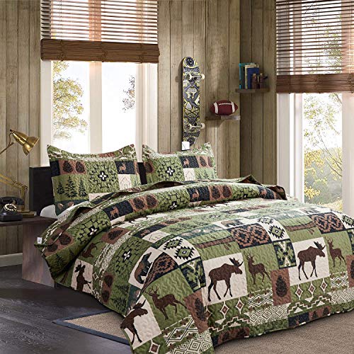 Quilts Set King Size Rustic Quilt Bedspread Coverlet King Quilt Bedding Country Lodge Patchwork Quilt Home Lightweight Reversible Bedspread Rustic Bear Bedding Cabin Moose Forest Animal Coverlet Olive ARL HOME