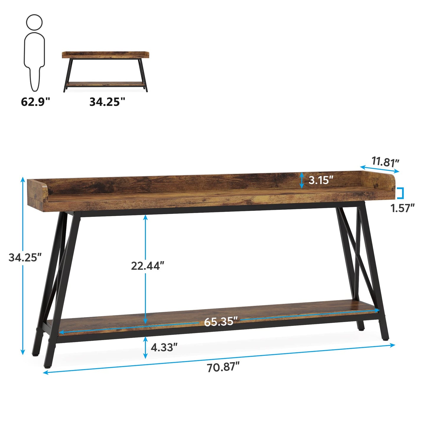 LITTLE TREE 70.9 Inch Retro Brown Console Table - Narrow Entryway & Behind Couch Accent Table