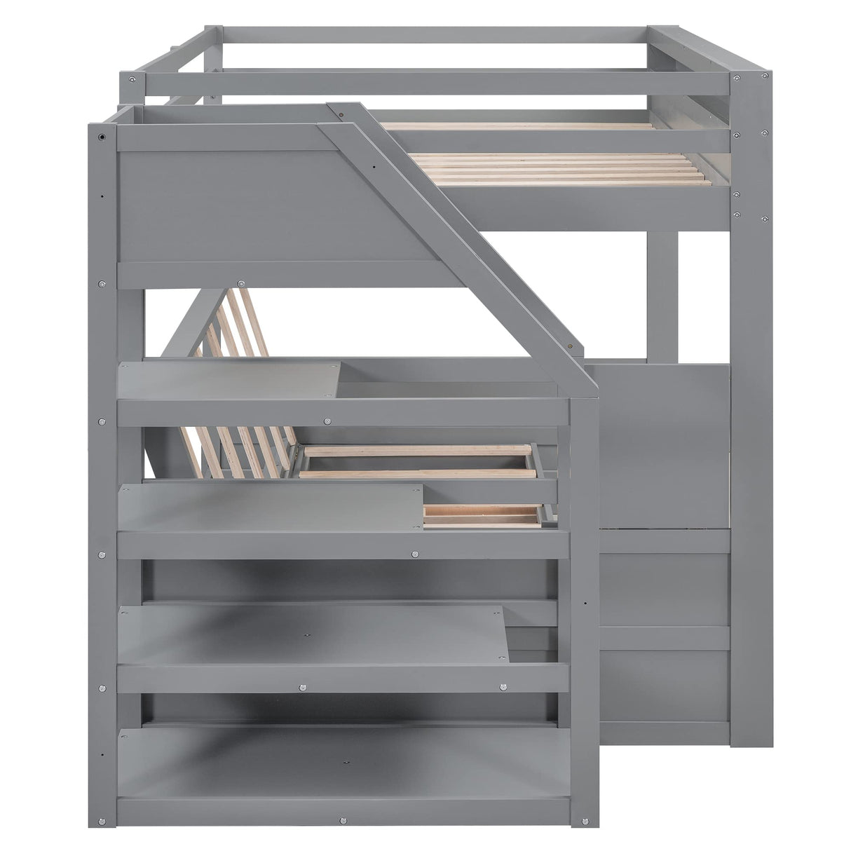Convertible Full over Full Futon Bunk Bed with Stairs, Built-in Shelf, and Drawers in Grey - Harper & Bright Designs Harper & Bright Designs