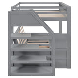 Convertible Full over Full Futon Bunk Bed with Stairs, Built-in Shelf, and Drawers in Grey - Harper & Bright Designs Harper & Bright Designs