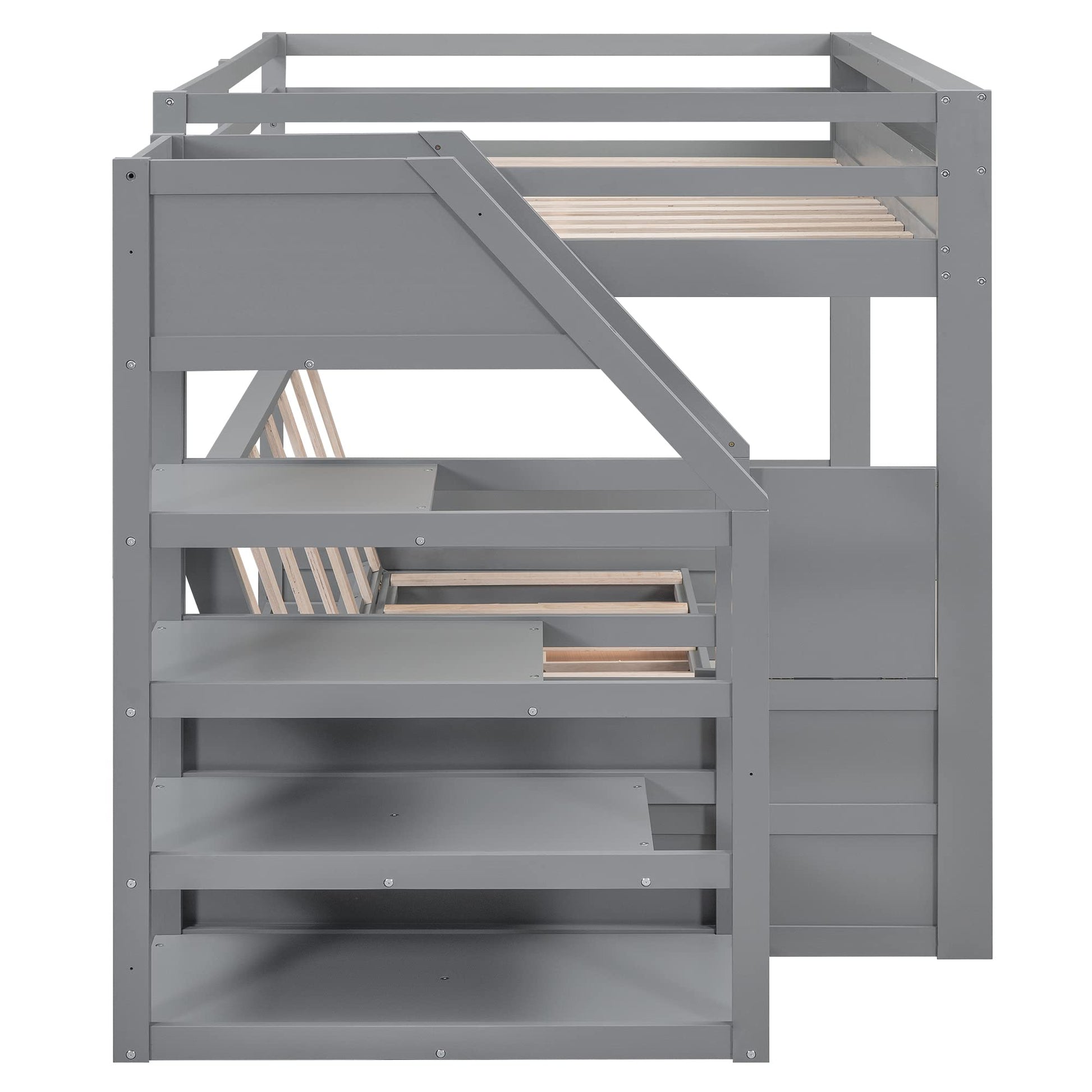 Convertible Full over Full Futon Bunk Bed with Stairs, Built-in Shelf, and Drawers in Grey - Harper & Bright Designs - WoodArtSupply