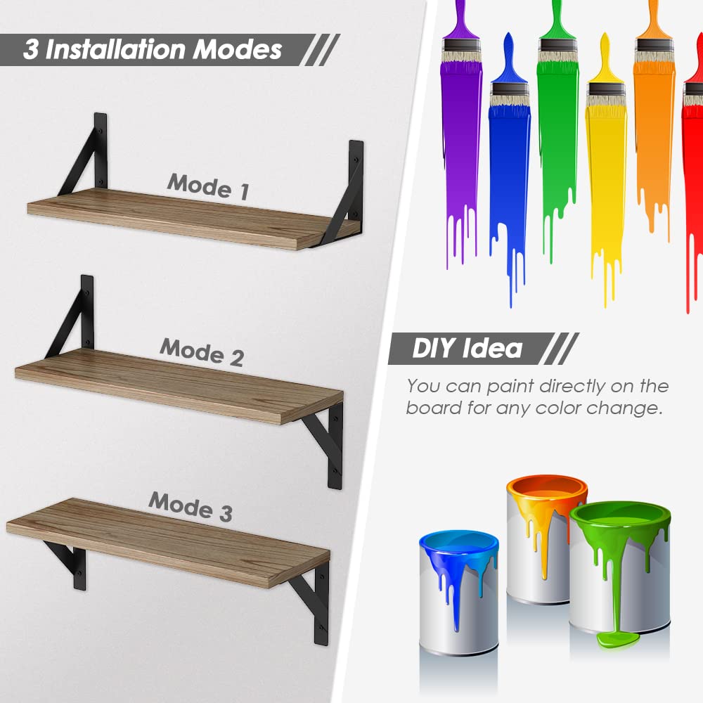 Forbena Set of 3 Floating Wooden Shelves with Black Metal Brackets - Versatile Wall Storage Solution Forbena