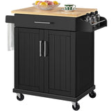 Yaheetech Kitchen Island on Wheels with Storage Cabinet, Rolling Kitchen Cart with Bamboo Top & Drawer & Spice Rack Towel Bar, Microwave Stand Cart for Kitchen/Dining Room, Black Yaheetech