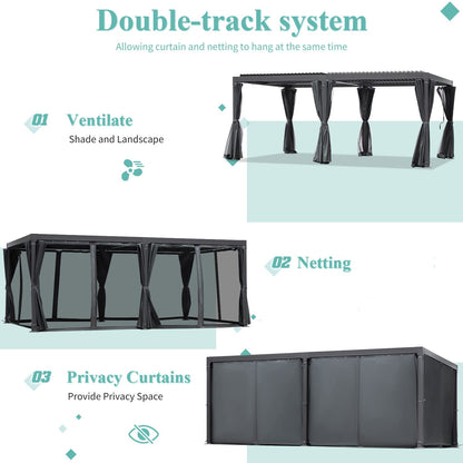 YOLENY 12' x 20' Louvered Pergola, Patio Hardtop Pergola with Adjustable Aluminum Rainproof Roof, Sun Shade Shelter with Netting and Curtains for