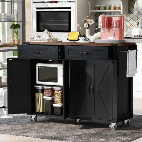 53.5''Farmhouse Kitchen Island with Power Outlet, Kitchen Storage Island with Drop Leaf, Spice Rack and Drawer, Rolling Kitchen Cart on Wheels, for Home, Kitchen and Dining Room, Black HomeGearTech