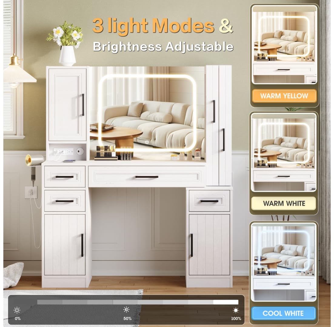 Maupvit Makeup Vanity with Lighted Mirror & Power Strip, Large Vanity Desk with Sliding Jewelry Storage Shelves, 4 Drawers, 3 Cabinets & Hairdryer Rack, 3 Lighting Modes, Bedroom Dressing Table, White Maupvit