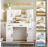 Maupvit Makeup Vanity with Lighted Mirror & Power Strip, Large Vanity Desk with Sliding Jewelry Storage Shelves, 4 Drawers, 3 Cabinets & Hairdryer Rack, 3 Lighting Modes, Bedroom Dressing Table, White Maupvit