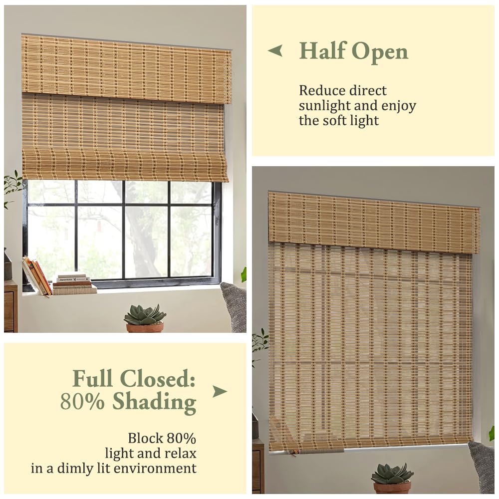 Kokorona Cordless Bamboo Roman Shades with Valance, Light Filtering Bamboo Blinds for Interior Windows, Natural Roll Up Bamboo Shades for Home, Office, Easy Installation, 34" W x 64" H, Natural Kokorona