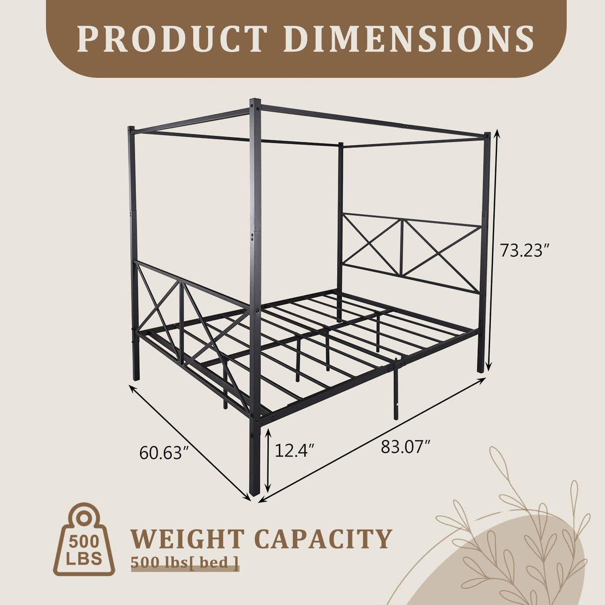 Queen Canopy Bed Frame, Metal Canopy Beds with 4 Poster Design and Geometric Accented Headboard and Footboard, No Box Spring Needed, Underbed Storage Space HomJoones