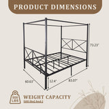 Queen Canopy Bed Frame, Metal Canopy Beds with 4 Poster Design and Geometric Accented Headboard and Footboard, No Box Spring Needed, Underbed Storage Space HomJoones