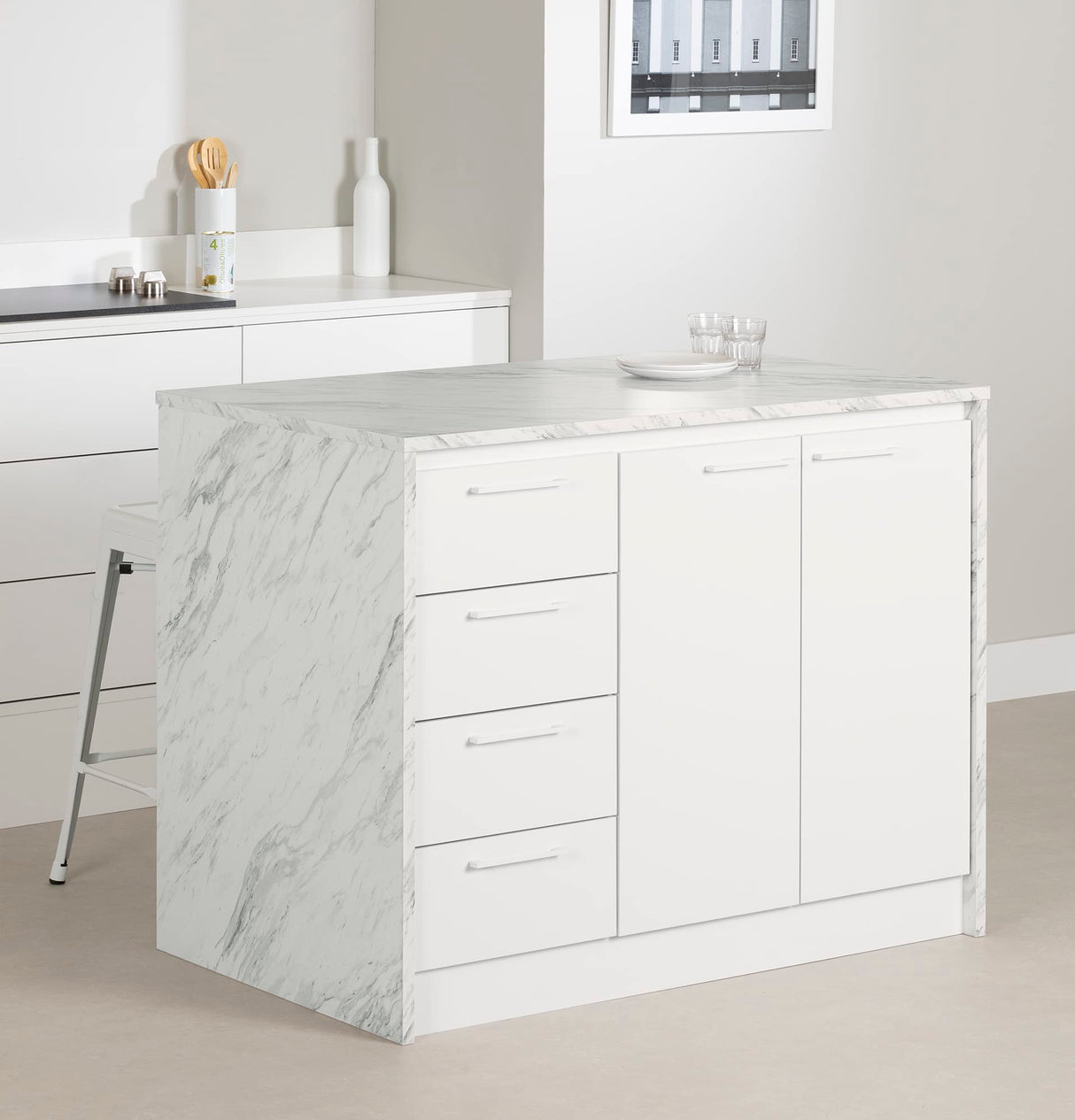 South Shore Myro Kitchen Island, Faux White Marble and White South Shore