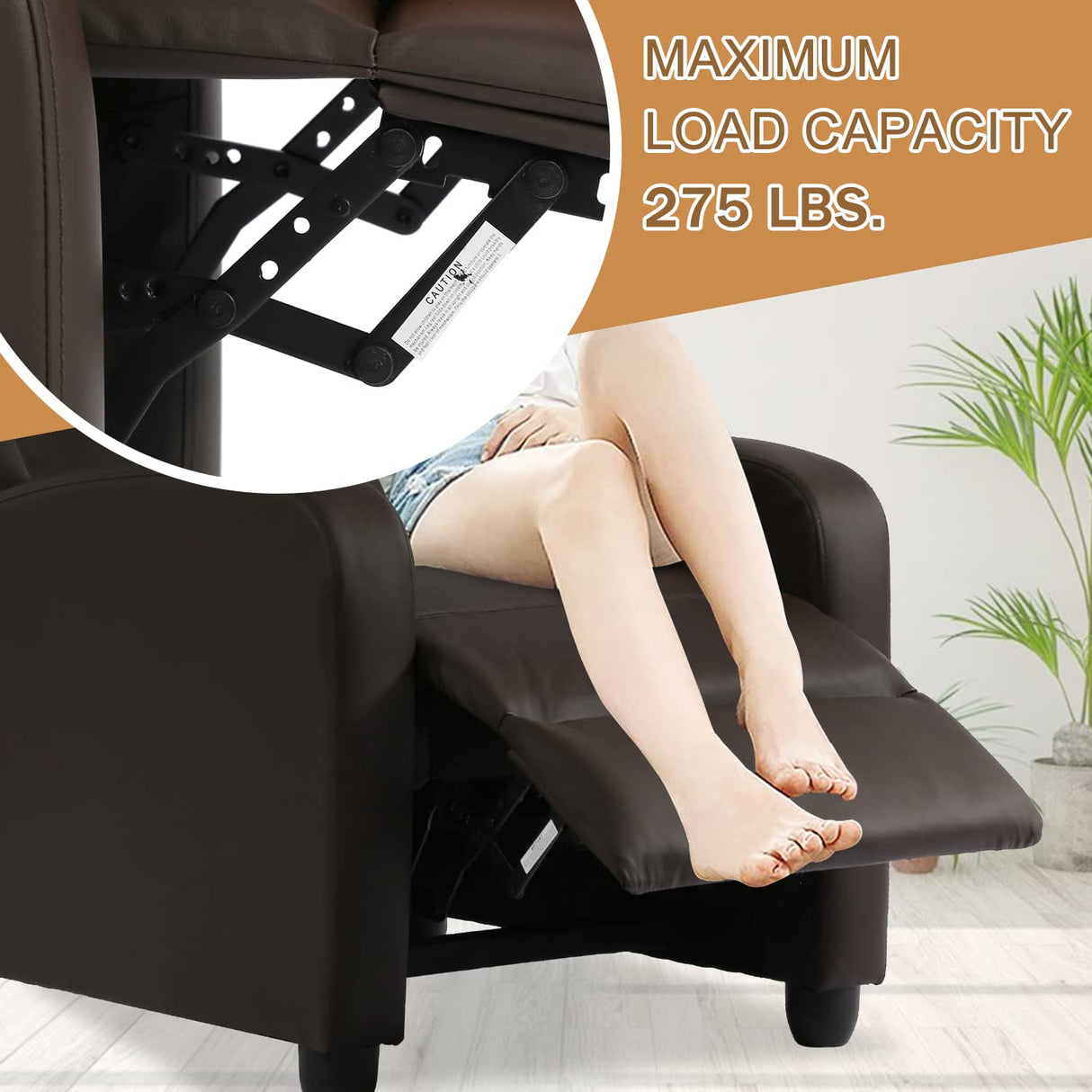 MKDLUFEI Recliner Chair, Adjustable PU Leather Single Sofa Chair, Recliners Chair with Upgraded Footrest for Adults, Small Recliner Chair for Small Spaces, Living Room, Bedroom, Brown MKDLUFEI